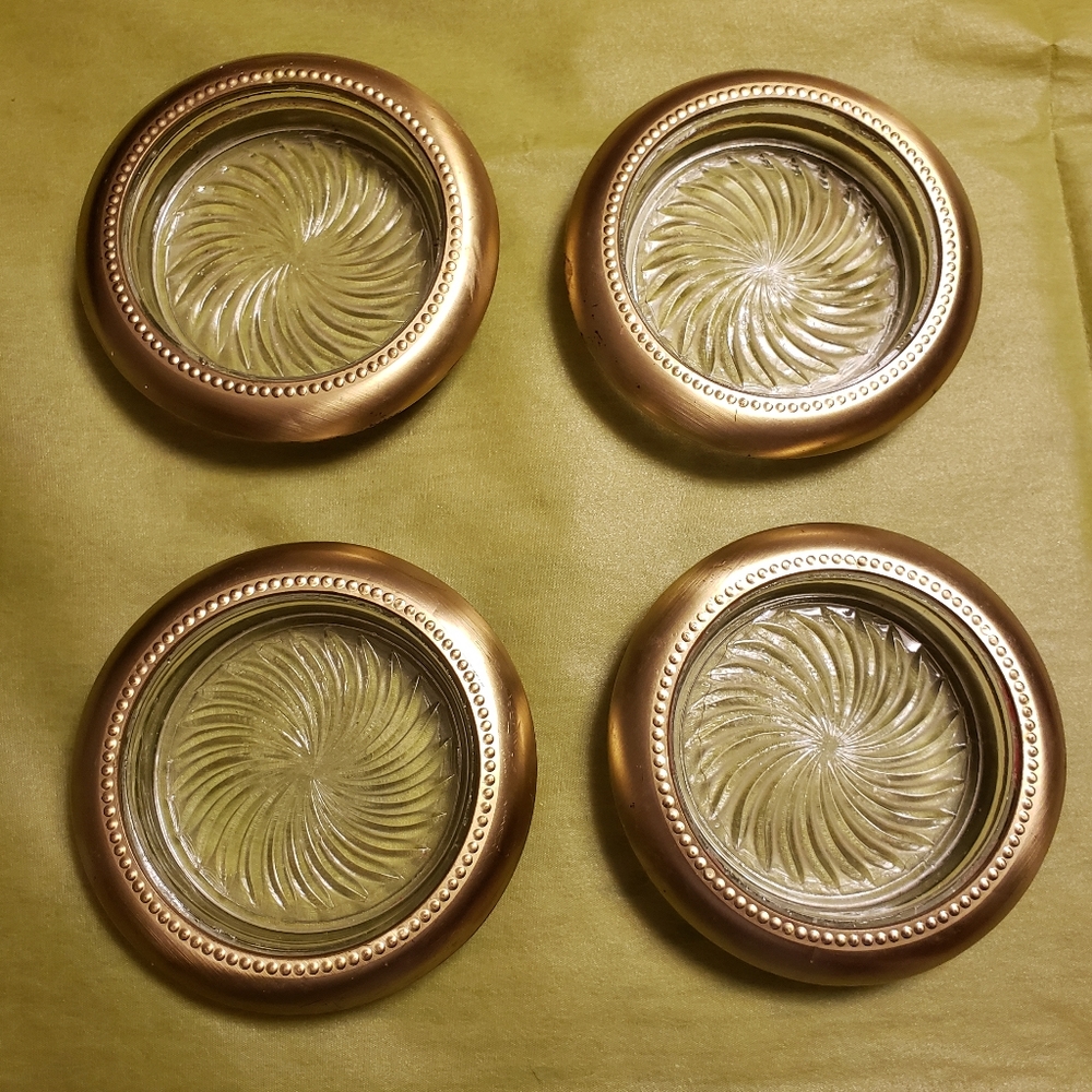 Vintage Glass and Goldtone Rimmed Coasters - Set of 4